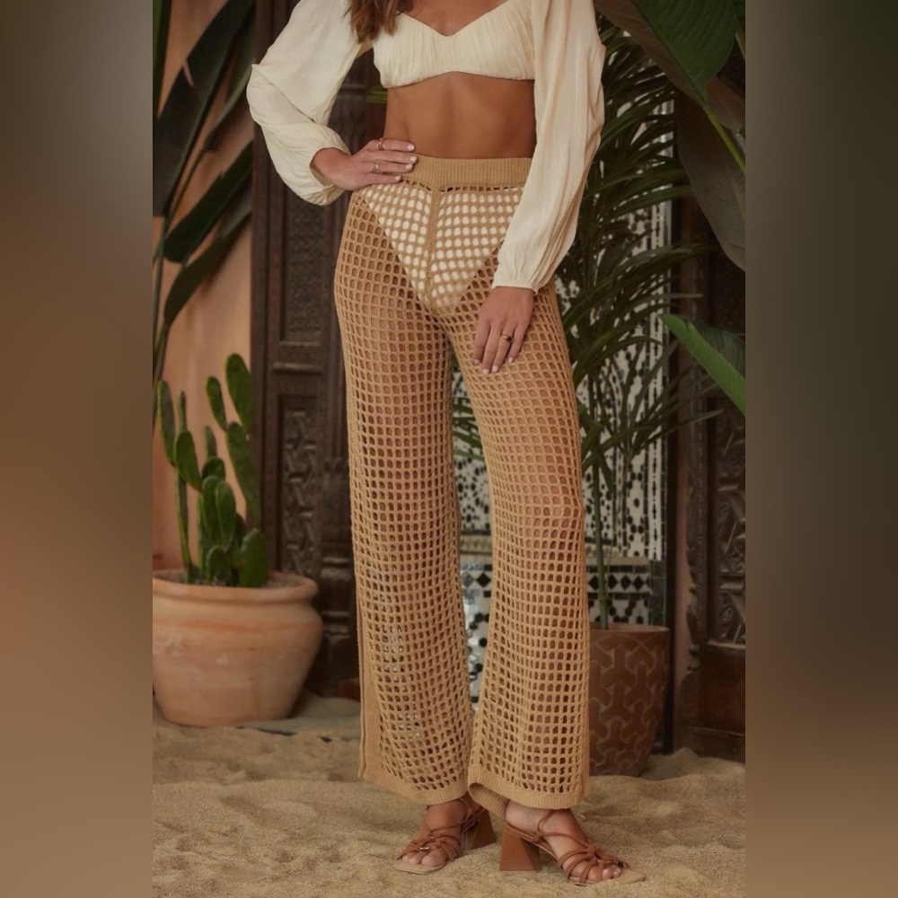 Neutral Crochet Wide-Leg Beach Pants — Tan